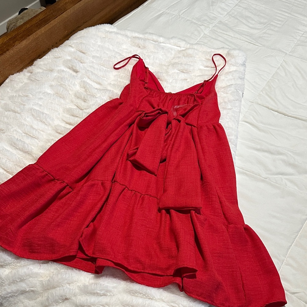 Red Flowy Mini Dress Bow Back Strappy Feminine Casual Chic ✨